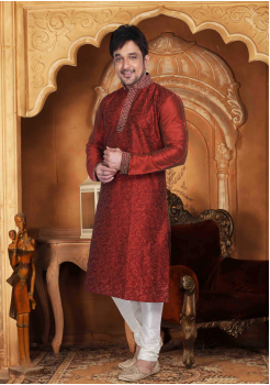 Garnet Red with White Color Silk Kurta Set